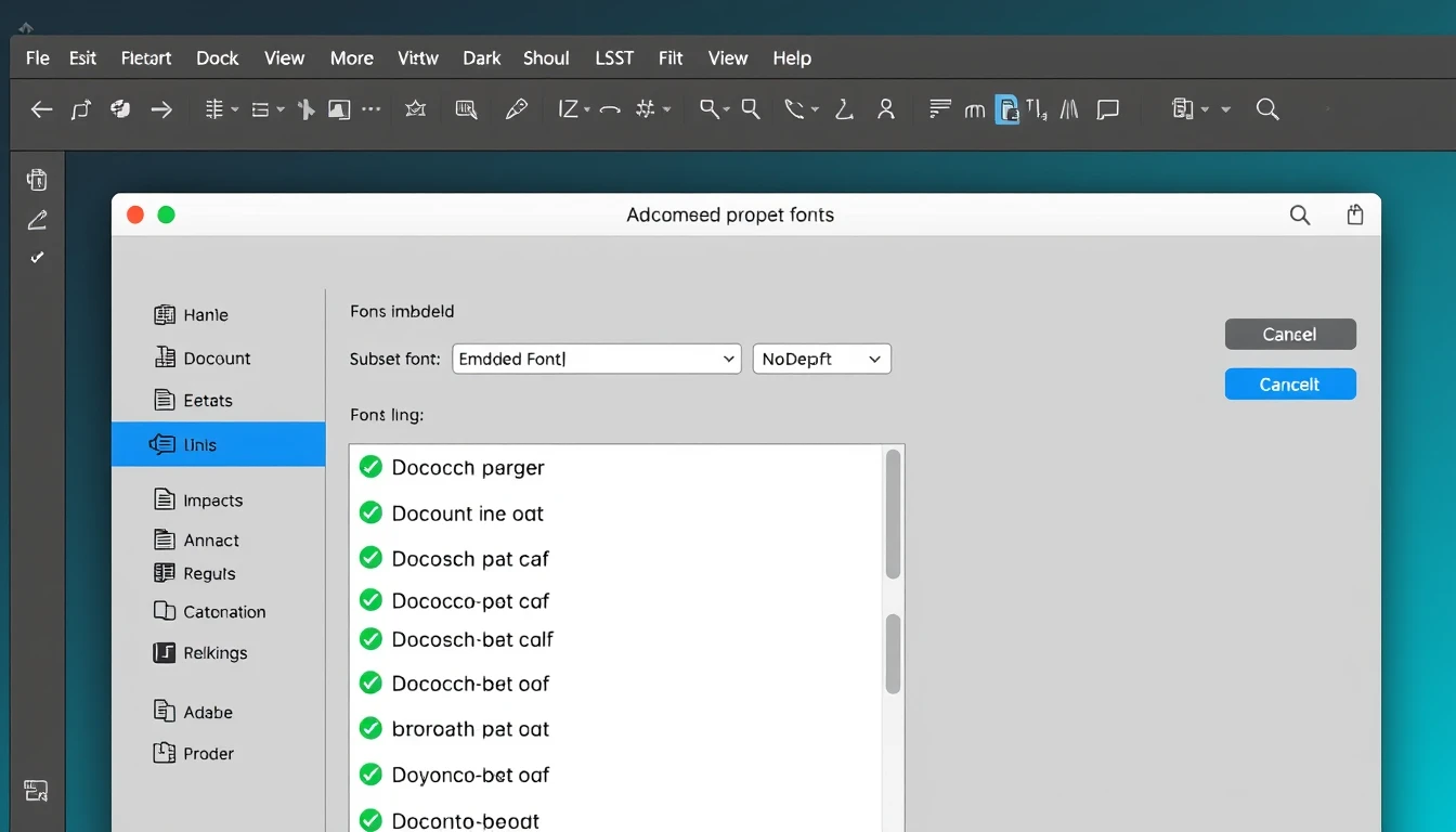 Adobe Acrobat PDF font properties panel showing 100 percent embedded subsets